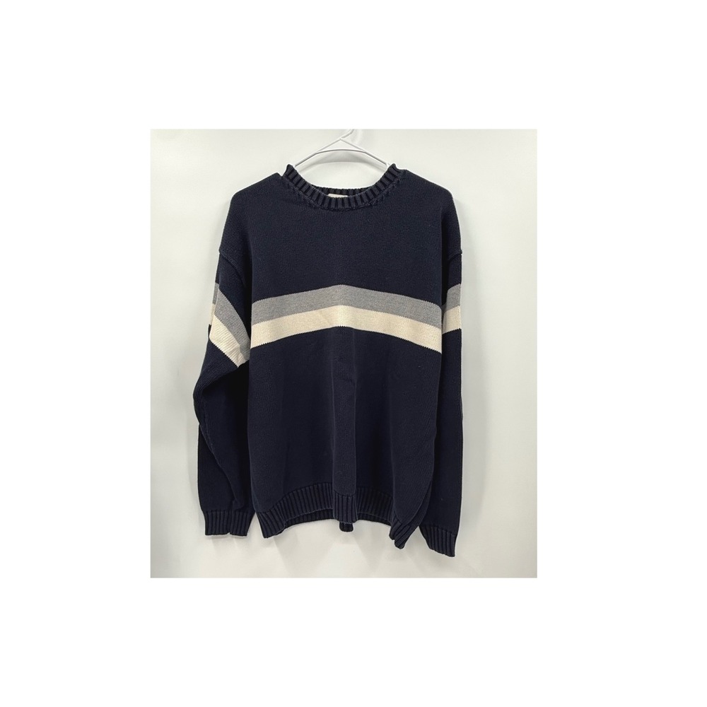 J.Crew Large‎ Sweater Mens Navy Blue Striped Cotton Crewneck Pullover Classic